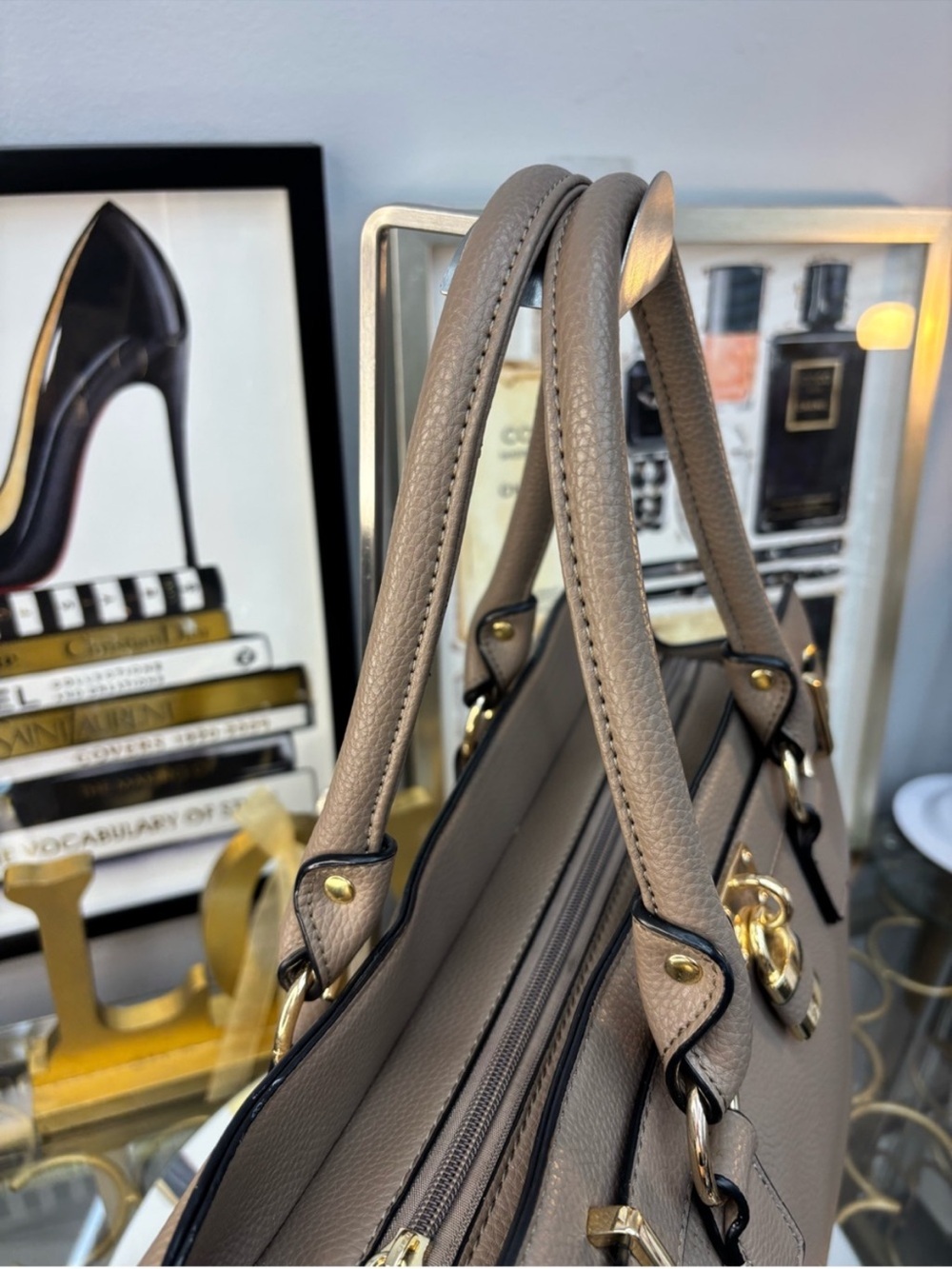 Structured Taupe Satchel with Gold Lock Detail - Picture 3 of 9